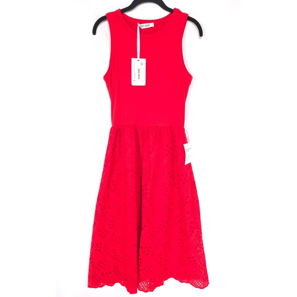 GRACE KARIN Women's New SMALL Midi Dress Red Eyelet Lace Sleeveless A-Line